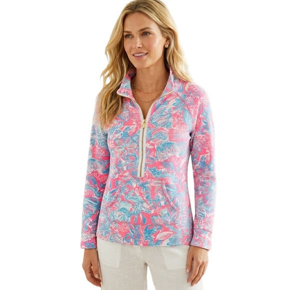 Lilly Pulitzer Tops - Lilly Pulitzer Skipper Popover Pink Sun Ray Summer Siren Pullover